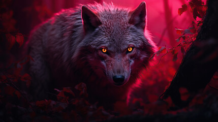 Wall Mural - A beautiful image of a wolf with a red light. Dramatic tone.AI generated image.