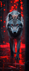 Wall Mural - A beautiful image of a wolf with a red light. Dramatic tone.AI generated image.