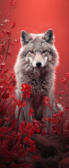 Wall Mural - A beautiful image of a wolf with a red light. Dramatic tone.AI generated image.