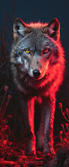 Wall Mural - A beautiful image of a wolf with a red light. Dramatic tone.AI generated image.