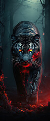 Wall Mural - A beautiful image of a tiger with a red light. Dramatic tone.AI generated image.