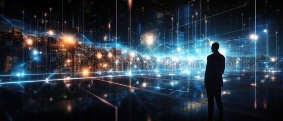 Big data, digital technology concept. Software engineer touching on virtual internet network connection with data center, network server, innovative futuristic technology background