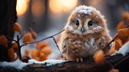 An adorable fluffy owl on the snowy ground. Generative AI. 