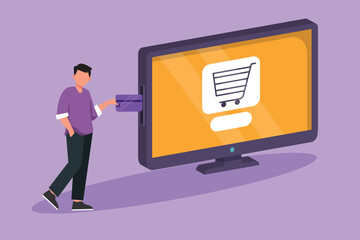 Wall Mural - Graphic flat design drawing young man inserting credit card into large monitor screen with shopping cart inside. E-commerce, digital payment and online store concept. Cartoon style vector illustration