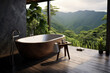 Modern minimal outdoor bathroom terrace with beige cozy tone style and mountain forest view outside, decorate with wooden decor, bathtub, sink, towels, and brown tone background, with Generative Ai.