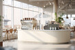 © TANATPON - Minimal interior design coffee cafe bar shop with beige cozy tone style and with glossy ivory white round corner counter, coffee machinery, with Generative Ai.