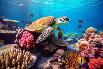 Wall Mural - Beautiful turtle under sea water. AI generated, human enhanced.