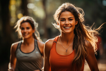 Wall Mural - Happy woman jogging. Background with selective focus and copy space