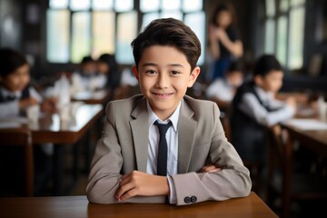 Canvas Print - A boy or schoolchild of Asian appearance in a classroom. Back To School concept. Background with selective focus