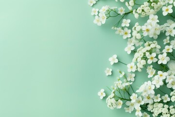  Banner with white flowers on a light green background. Greeting card template for Wedding, mothers or womans day. Springtime composition with copy space. Flat lay style