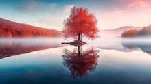 A Beautiful Japanese Red Maple Tree On A Sunny Autumn Day On A Lake Isolated Wallpaper