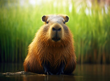Brown Capybara Sitting By The Lake With Green Forest Background. High Quality Photo