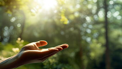 Human hand on green nature background with bokeh and sunlight. High quality photo