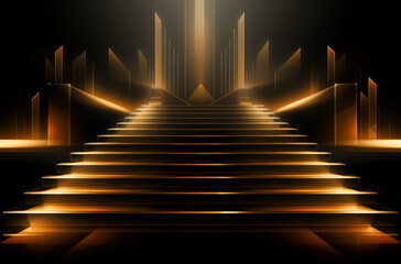 A gold entrance staircase with light shining from the steps in the style of art deco on a dark background.