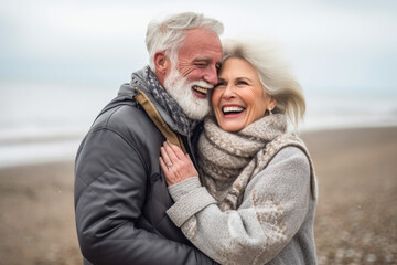 joyful older couple, a man and woman, sharing a loving hug on a beach, generative ai