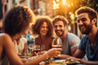 © MVProductions - Group of friends laughing and enjoying dinner at outdoor restaurant during summer, generative ai