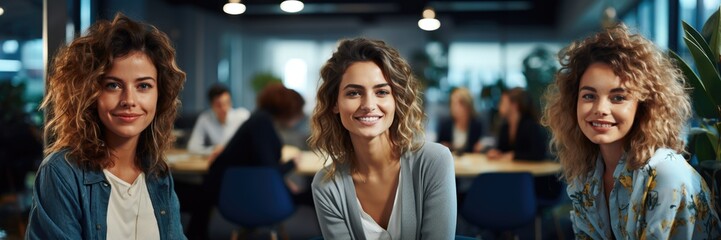 Wall Mural - Three Smiling attractive confident entrepenour professional women posing at their business office with their coworkers and employees in the background