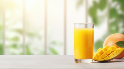 Wall Mural - Glass of mango juice on light table. Space for text