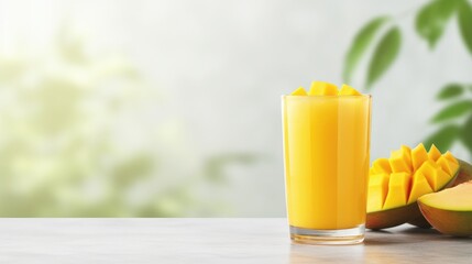 Glass of mango juice on light table. Space for text