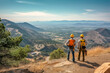 © MVProductions - Two environmental engineers overlook a picturesque valley from a mountain, examining grounds for new fossil free power plant, generative ai