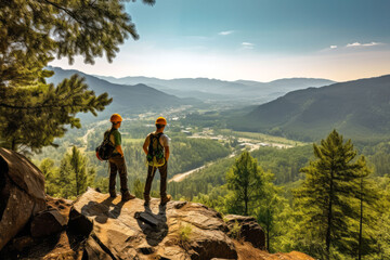 Two environmental engineers overlook a picturesque valley from a mountain, examining grounds for new fossil free power plant, generative ai