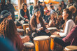 © MVProductions - A vibrant drum circle featuring a diverse community creating energetic rhythms, people enjoying drumming musician, generative ai