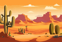 Cartoon Desert Landscape With Cactus, Hills, Sun And Mountains Silhouettes, Vector Nature Horizontal Background.