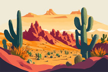 Cartoon desert landscape with cactus, hills, sun and mountains silhouettes, vector nature horizontal background.