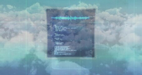 Wall Mural - Animation of data processing over screen and clouds on sky