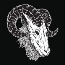 Dark Art Goat Head Horns Sheep Satanic Black White For Tattoo And Clothing Illustration