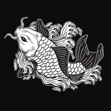Hand Drawn Koi Fish Aquatic Black White Vintage Dark Art For Tattoo And Clothing Illustration
