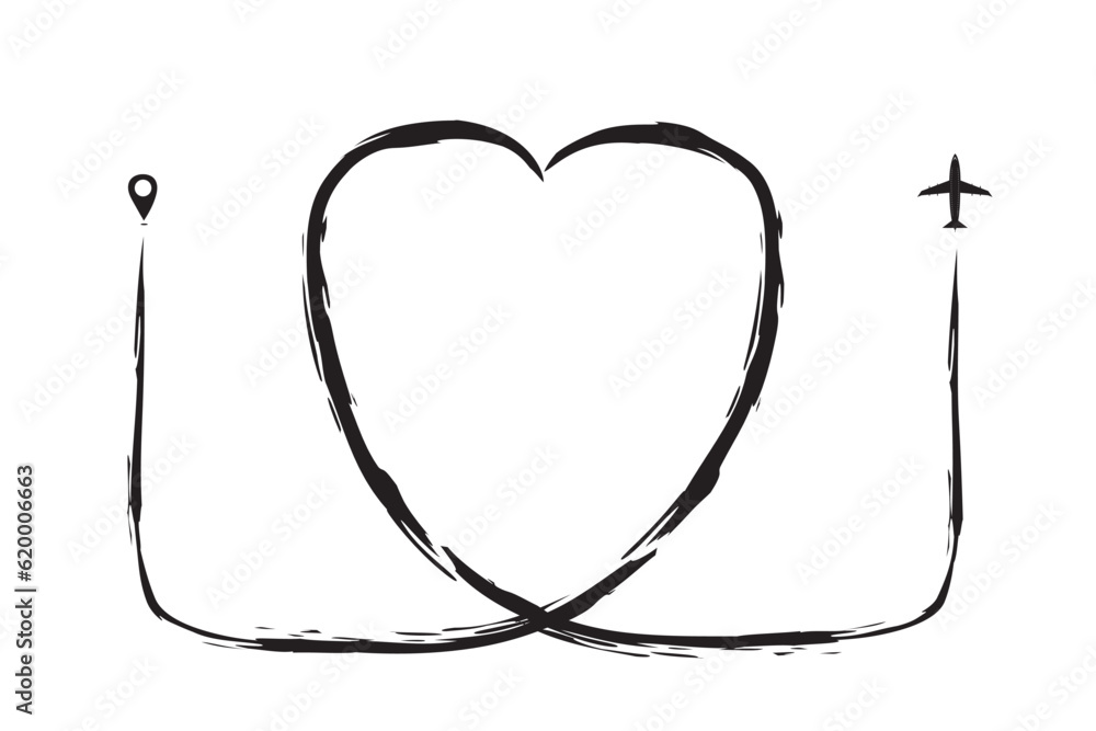 Line drawings, heart shapes, checkpoints and planes on a white ...