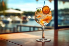 Refreshing Gin Tonic Cocktail By The Sea. Oranges. Summer, Beach And Vacation.