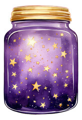 watercolor illustration of a glass jar full of a violet celestial sky with shimmering gold stars, th