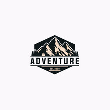 Mountain Outdoors Vector Graphic In Vintage Style. Adventure Traveling Wilderness Adventure Logo Illustration Template.