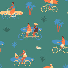 Surfers On Bicycles Seamless Pattern. Summer Coastal Illustration In Vector.