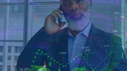 Sticker - Animation of financial data processing against african american man talking on smartphone