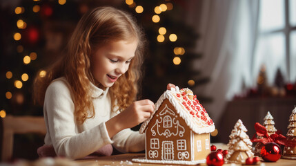 Young girl decorating a gingerbread house on Christmas day. Christmas moments. Generative AI