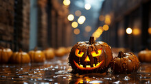 Halloween Background Of Jack-o-lanterns On A Dark And Wet Street At Night.