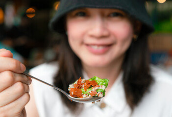 Asia woman eating salad for diet