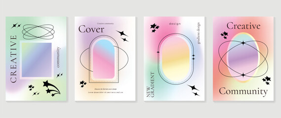 Idol lover posters set. Cute gradient holographic background vector with pastel colors, frame, sparkle, star. Y2k trendy wallpaper design for social media, cards, banner, flyer, brochure.