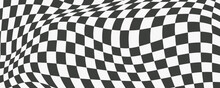 Checkerboard Wavy Pattern. Abstract Chess Square Print. Black And White Psychedelic Optical Illusion. Warped Flag With Geometric Graphic. Y2k Design For Banner