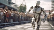 A Running Humanoid Robot In A Marathon Race With Many People In The Background. AI Robot With Ability To Move And Do Activities Like Human. Artificial Intelligence Coexistence. Generative AI