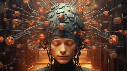 Mind uploading, Brain upload concept. Data and information are uploaded from a man's brain onto the cloud system. Generative AI