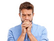 Worried, anxiety and man with fear or scared with stress expression isolated in a transparent or png background. Uncertain, closed eyes and person feeling anxious and thinking of problem and ashamed