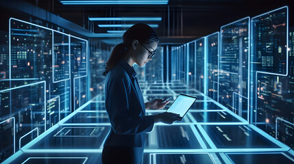 Successful Female Data Center IT Specialist Using Tablet Computer, Turning Augmented VFX Visualization on Server Farm Cloud Computing Facility. System Engineer Working for Cyber Data Security Company.