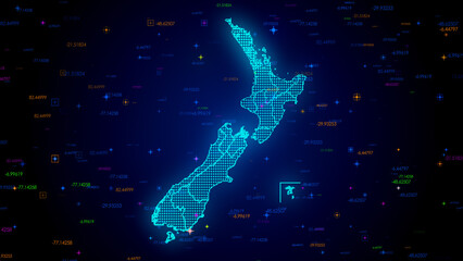 Wall Mural - futuristic blue colorful shiny digital technology hud dots mosaic grid new zealand map separate regi