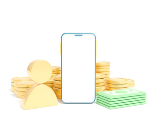 Mobile phone and money on isolated white background. Online shopping and e-commerce concept, Money transfer and investment via smartphone, Smartphone mockup white blank screen, 3D Coins and Banknotes.