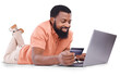 © Suresh Heyt/peopleimages.com - Black man, credit card and laptop, e commerce and payment with fintech isolated on png transparent background. Smile, online shopping and internet banking, male customer with finance and bills