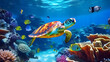 © Prasanth - turtle with group of colorful fish and sea animals with colorful coral underwater in ocean